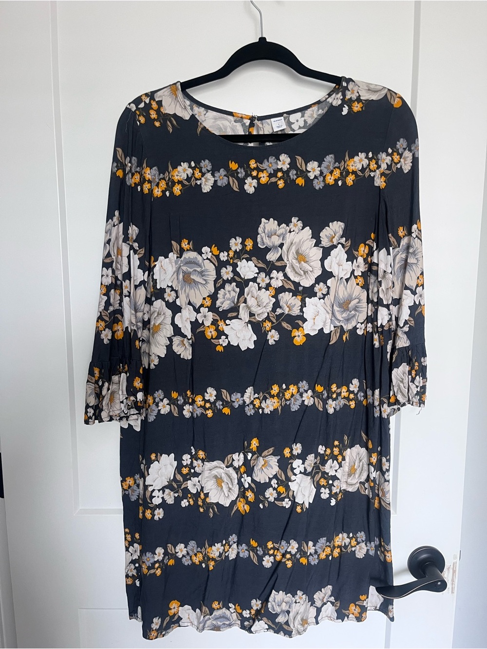 Old Navy Black Floral Midi Dress with White and Yellow Blooms